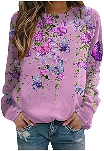 QTOCIO Women Crewneck Sweatshirt, Moda Butterfly Floral Manga Longa Blusa Casual Blusa Tops Tshirts Roupas Baggy Comf