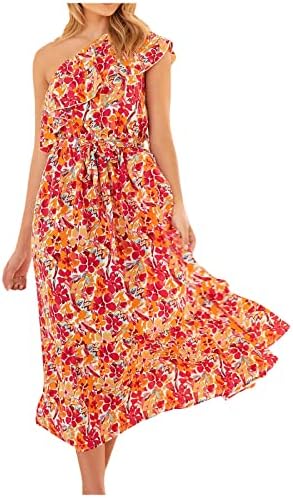 Vestidos hcjkdu maxi para mulheres um ombro de ombro de amarração de cintura estampa floral longa vestido de vestido de verão