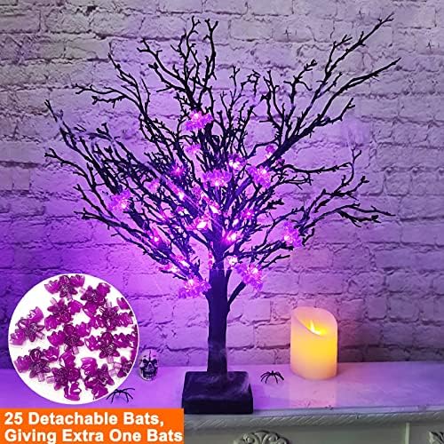 Árvore de halloween de 24 ”/ 2ft de 24”/ 2ft com 24 luzes roxas LED e 25 árvore artificial de bateria do timer de bastão iluminada