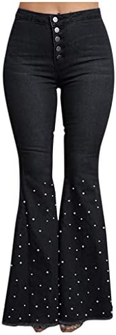 Jeans de jeans de cintura alta feminina Jeans Botão Tassel calça calças calças de jeans com zíper de pernas largas com fundo de sino