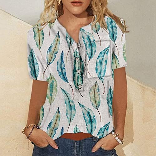 Tops femininos Floral Henley Blouse Quarter Button Up Hawaiian Shirts Manga curta Henley pescoço 2023 Tshirt de linho de verão