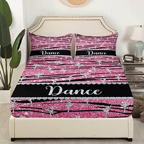 Lençóis femininos de cama de balé cheia, lençóis de dança rosa para crianças garotas mulheres, bling sparkle bedding conjunto, capa graciosa de bailarina dançarina com 2 travesseiros decoração de quarto, sem lenha superior