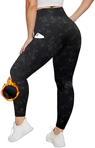 HltPro plus size lã de lã linhada com mulheres com bolsos - calças de ioga de cintura alta térmica preta quente para treino