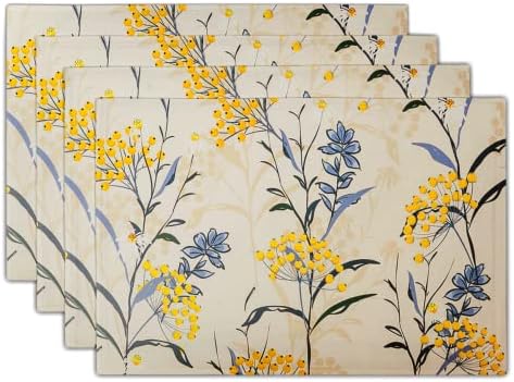 Floral Placemats Conjunto de 4 Flores Florais de Verão Vintage Placemats Amarelo para Mesa de Cozinha Placemats Lavagem Lavagem de Coloque Local Lastes Para Parques Decorações de Jantar de Cozinha 18x12 polegadas