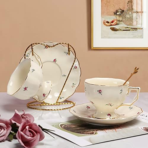 Copos de chá e pires Conjunto de 2, xícara de chá floral com acabamento em ouro e caixa de presente, 8,5 oz de porcelana