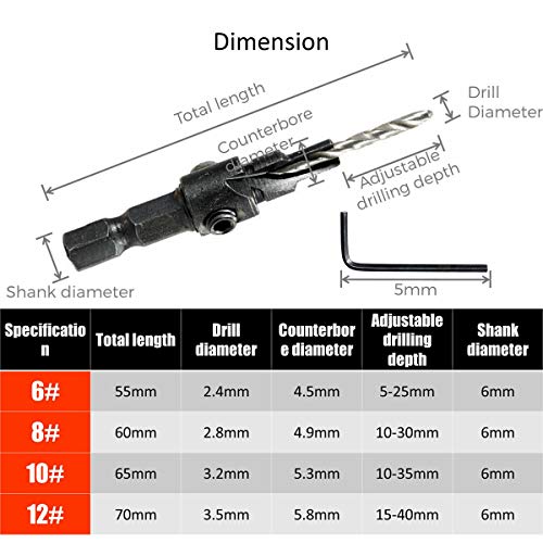 OCGIG HSS Countersink Drill Drill Bit Alteração rápida Countra de chanfro de parafuso de hxidagem#8#8#10#12, com hastes hexadecimais de 1/4 e chave de allen, para orifícios de perfuração de madeira