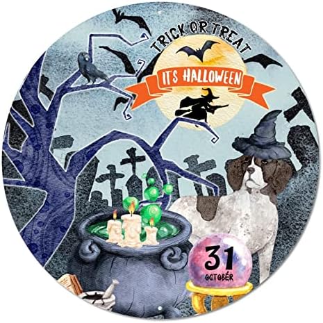 Truque de placa redonda de placa de metal ou truque é o halloween com cães círculos de grinaldas de círculo signo vintage pub