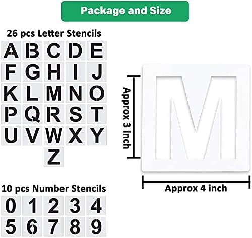 Estênceis e números de letra de 3 polegadas, estênceis de artesanato em alfabetes, 36 PCs letra plástica reutilizável e modelos de intertravamento do número, estênceis de carta de artesanato para pintura