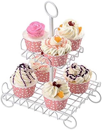 Stand de bolo de bolo de 2 sets Stand Cupcake Stands Metal Soberma com White para festa de aniversário para festa de chá Servindo Platter