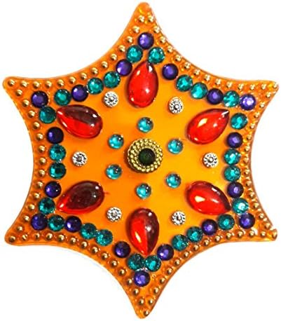 Conjunto decorativo de Diwali Rangoli artesanal - decorações multicoloridas de pedra de jóia/kundan na base de acrílico amarelo - 7