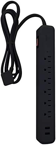 Série de designers 6ft 6 outlet Surge Protector Power Strip, portas USB 2x, protetor de surto, plugue de ângulo reto, interruptor do disjuntor, acabamento em preto, 78439