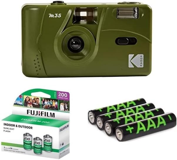 Kodak M35 Câmera de filme de 35 mm, pacote de filmes e bateria: inclui 3 pacotes de filmes negativos coloridos de fujifilm, 4 pacote