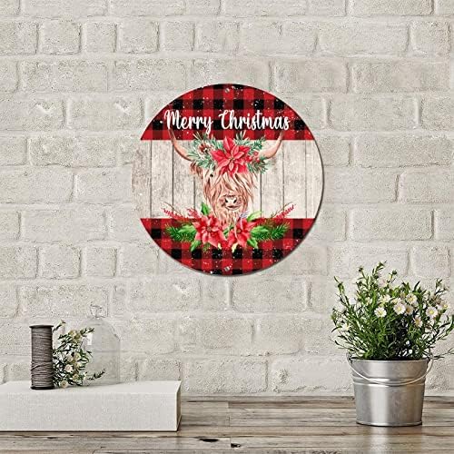 Placa redonda de metal placa feliz natal búfalo vaca xadrez de natal wreath sigil metal impressão de arte engraçada placas de