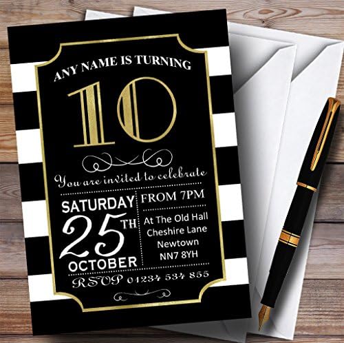 Black & White listrado Gold 10º convites de festa de aniversário personalizados