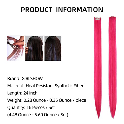 Girlshow 16pcs Extensões de cabelo coloridas Clipe de arco -íris sintético de 24 polegadas em calcedes para mulheres meninas
