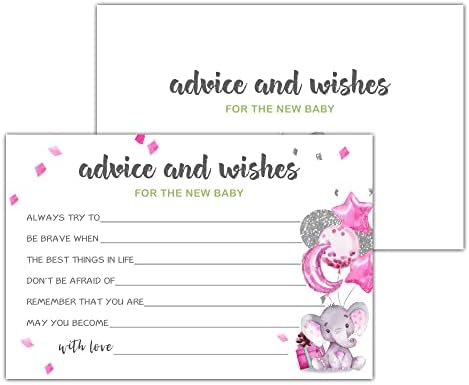 Conselhos de elefante rosa e cartões de desejos para o novo bebê, cartões de conselhos de bebê adição perfeita para o seu jogo de festas de chá de bebê, suprimento de festa de decorações ， 25 cartas