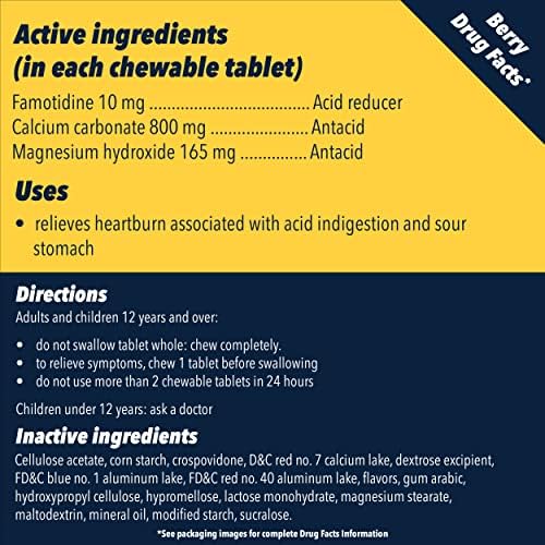 Redutor de ácido completo pepcida + mastigáveis ​​antiácidos, 10 mg de famotidina, 800 mg de carbonato de cálcio e 165 mg de hidróxido