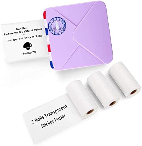 Phomemo M02S Mini Impressora Térmica Bluetooth Impressora com 3 Rolls Transparent Sticker Paper, compatível com iOS + Android para Plan Journal, Notas de Estudo, Criação de Arte, Trabalho, Presente, Púrpura, Púrpura