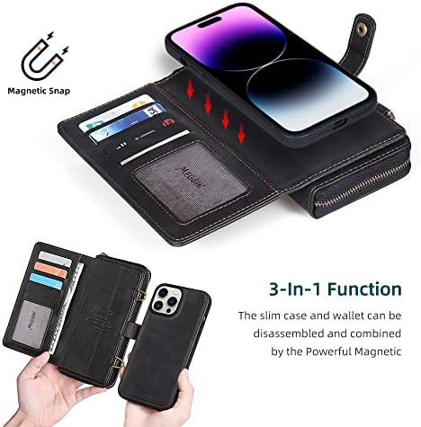 Compatível com o iPhone 14 Pro Max 6.7 Caixa de carteira 2 em 1 Caixa de couro PU destacável Flip Fold Phone Case com