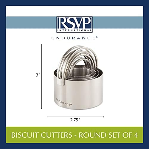 RSVP International Rescurance Round Biscuit Cutters - Aço inoxidável, conjunto de 4 | Ninho para facilitar o armazenamento | Para cortar massa espessa ou fina | Profissional | Arco de alça alta