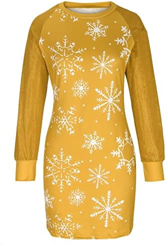 Womens lantejão de manga longa vestido de camisa de Natal impressão de floco de neve longa camiseta