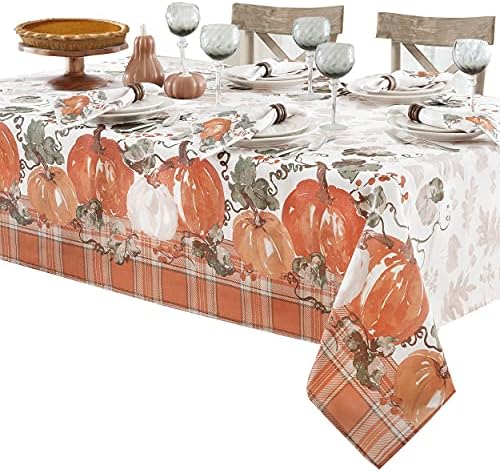 Newbridge Pumpkin Gingham Country Rússico Rordenado Tabelina de Tabela de Ação de Graças, Autumn Farmhouse Pumpkin Vine Plaid Cuidado Easy Fall Towloth 60 ”x 144” Oblonga/retângulo