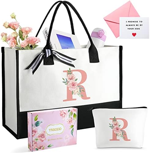 Bolsa floral ini-tial tote for women w bolsa de maquiagem, sacolas de can-vas rosa com bolso interno, caixa de presente, cartão, presentes