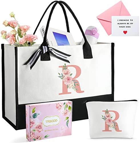 Bolsa floral ini-tial tote for women w bolsa de maquiagem, sacolas de can-vas rosa com bolso interno, caixa de presente, cartão, presentes personalizados personalizados para mulheres de Natal de Natal, professora da avó, dama de honra R