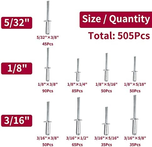505pcs Rivetes pop de alumínio para metal, kit de sortimento de rebites cegos, 1/8 3/16 5/32 , definir 9 tamanhos.