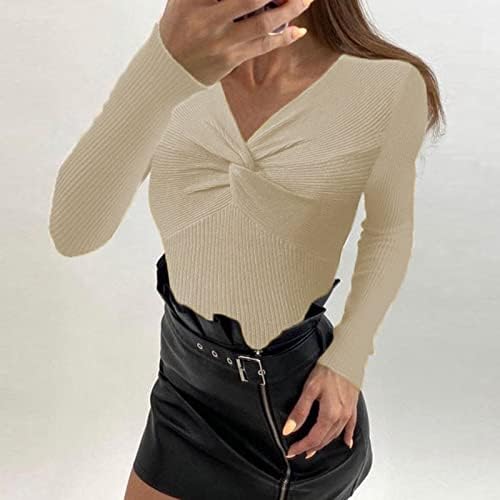 Suéteres de manga comprida Comforto de baixo corte feminino Slim embrulhado bico tops feminina cor sólida outono atlético