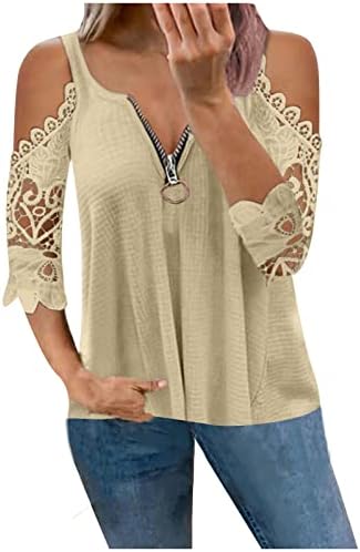 Tampas de ombro frio de renda para mulheres de verão zíper up vistos de manga curta camisetas de túnica de túnica macia malha
