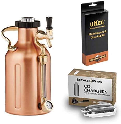 Growlerwerks ukeg Growler carbonated, 64 oz, cobre, kit de limpeza de manutenção, caixa de 8g de 10 carregadores de CO2