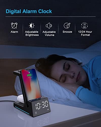 Despertador com estação de carregamento sem fio - exibição de controle de brilho, controle de volume, suporte de carregador