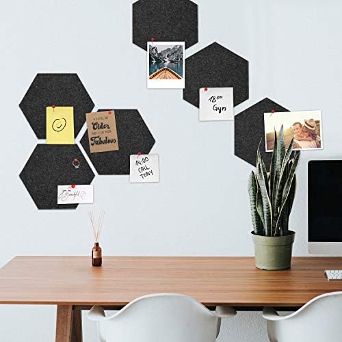 Navaris Hexagon Felt Board Tiles - Conjunto de 6 placas de aviso de memorando com push pins pack 5,9 x 7 polegadas - cinza escuro
