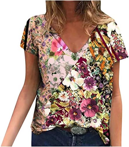 Blouses de verão feminino estampa floral casual de manga curta V pescoço folgado e confortável camisetas diárias e confortáveis