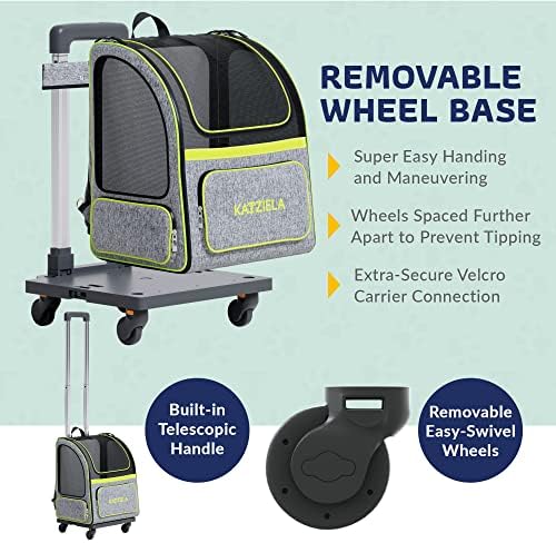 Katziela Wheeled Pet Carrier Backpack - Sacado de caminhada aprovada pela companhia aérea de facete para cães e gatos - rodas