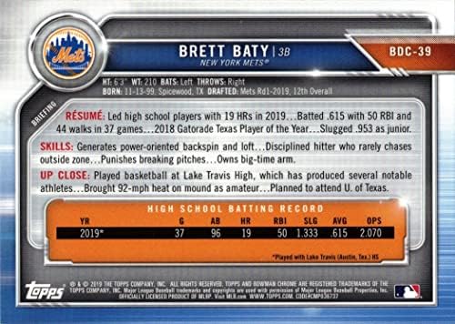 2019 Bowman Draft Chrome Baseball BDC-39 Brett Baty Pré-Rookie Card-1º Bowman Chrome Card