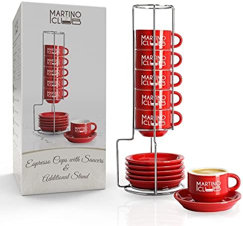 Martino Club de 2,7 onças de porcelana xícaras de café com pires - canecas de café empilháveis ​​com rack - xícaras de café