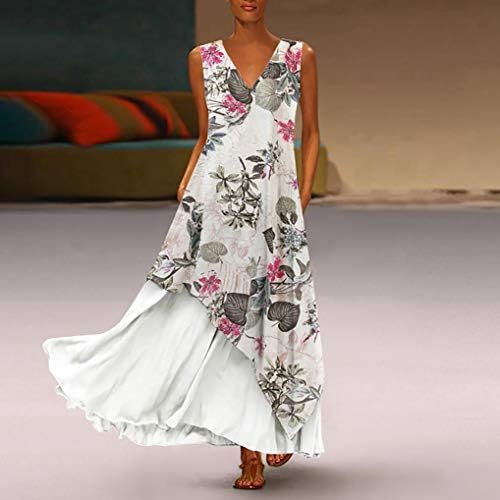 Vestido maxi de verão feminino sem mangas de espaguete casual, vestido de túnica floral de linhas de linhas para mulheres