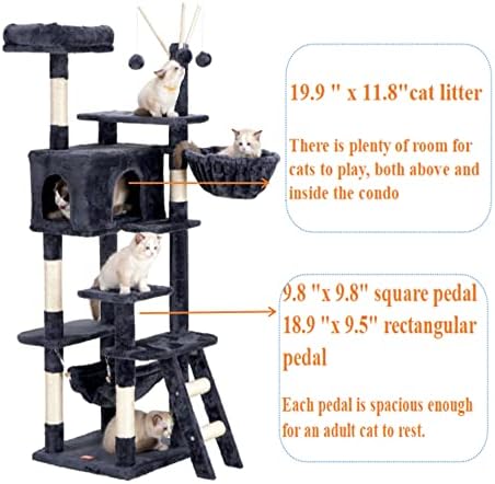 Heybly Cat Tree 63 polegadas Torre grande para gatos internos, condomínio de móveis de gato de vários níveis para gatos grandes com poleiro de pelúcia acolchoada, cesta aconchegante e bola de peles removível HCT022G