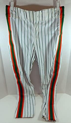 1991 New York Mets Young 61 Game usou calças brancas St. Patrick's 38-30 71 - Jogo usado calças MLB usadas