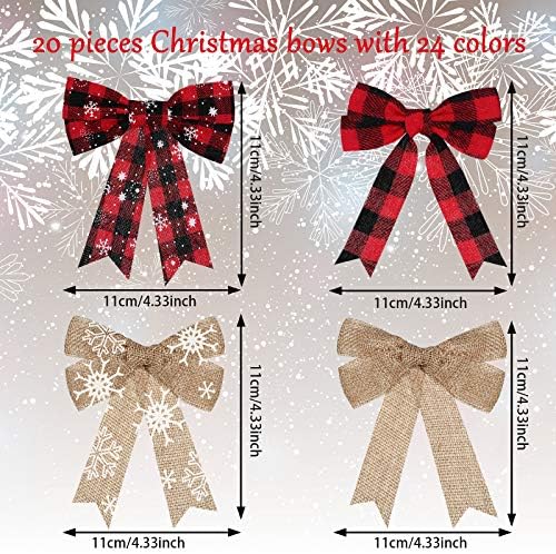 Willbond 20 peças de Natal Buffalo Vermelho Plaid Plaid Bows Christmas Snowflake Burlap Bows Rosos decorativos de férias rústicas