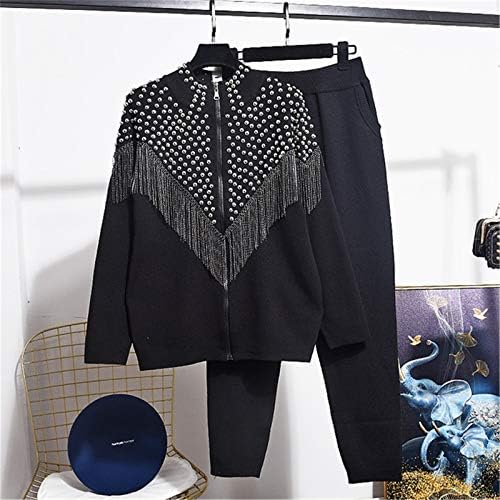 Conjunto de suéter feminino de outono Diamond Tassel Tassel Manga longa Cardigan Calças casuais de duas peças Conjunto