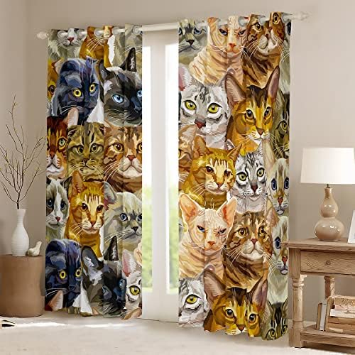 Cortinas de janela de gatos erosébridas, cortinas de animais fofas 52 WX63 L CATON CATOM CATOS TERMAL ISOLADOS DRAPES