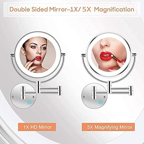 Espelho de maquiagem montado na parede de 8 com luzes LED 5x maquiagem de maquiagem espelho de dupla face, botão de