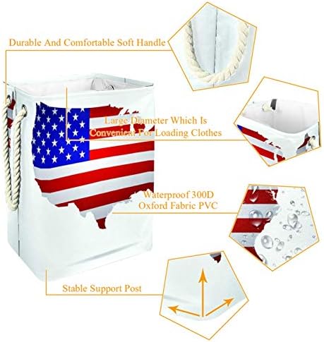 Mapolo Laundry Tester American Flag Mapa Cesto de armazenamento de lavanderia dobrável com alças suportes destacáveis