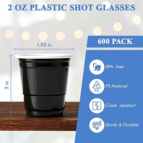 Lilymicky 600 pacote de 2 onças de copos de tiro de plástico, copos de plástico descartáveis ​​pretos, mini xícaras