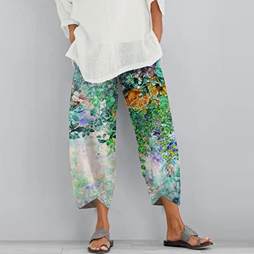 Calça caprieira de verão para mulheres, calças de linho feminino Coloque as calças de bolso de bolso de tornozelo floral de cintura alta