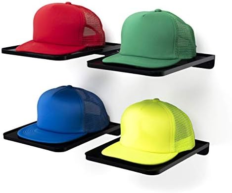 Rack de chapéu para conceitos quadrados para parede - pacote de 4 organizador de chapéu premium para bonés de beisebol - armazenamento de chapéus, suporte de chapéu e cabide suas tampas de bola - prateleira de exibição plástica de montagem de parede com fita adesiva de espuma 3m