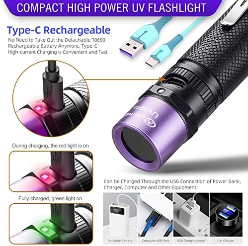 Lightfe UV304 Lanterna UV - Ultravioleta de alta potência - O tipo C recarregável pode ser usado para cura de cola UV, manchas